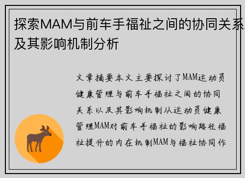 探索MAM与前车手福祉之间的协同关系及其影响机制分析 探索MAM与前车手福祉之间的协同关系及其影响机制分析